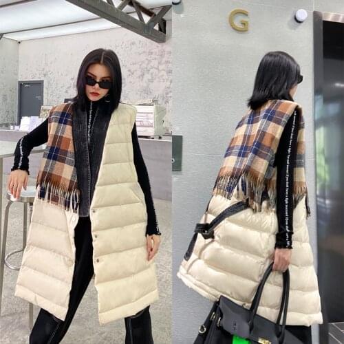 2020 Long White Winter Womens Sleeveless Down Jacket with Tassels Fashion Warm Goose Down Female Vest Thick Outerwear Oversized