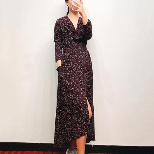 Patads French minority dress printed V-Neck long sleeve waist closing slim women autumn and winter long skirt ro00639