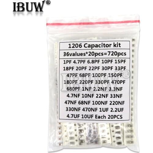 36Values 1pF-10uF Electronic Capacitor set 1206 SMD Ceramic Capacitor assortment kit 22PF 47PF 22NF 100NF 2.2UF 4.7UF Capacitors