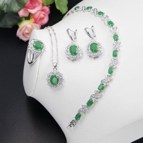 Shiny CZ Many Colors Silver Color Jewelry Set For Women Earrings Necklace Ring Bracelet Set Wholesale Bridal Jewelry