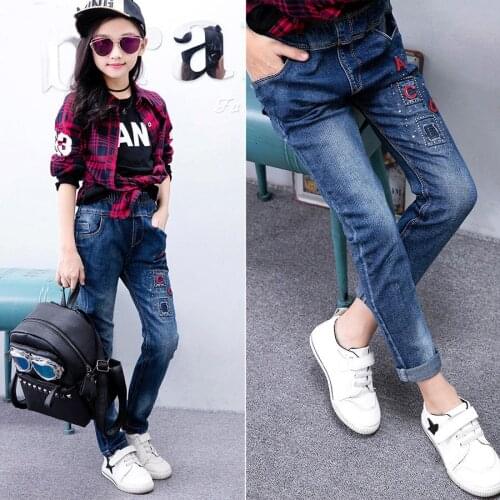 Casual Pencil Pants denim Trousers kids Girls Jeans for 4 6 8 9 10 12 Year Children letter Elastic Waist Cowboy Clothing