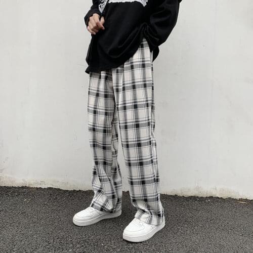 Spring Summer Plaid Pants Mens Fashion Retro Casual Wide-leg Pants Men Streetwear Korean Loose Straight Pants Mens Trousers
