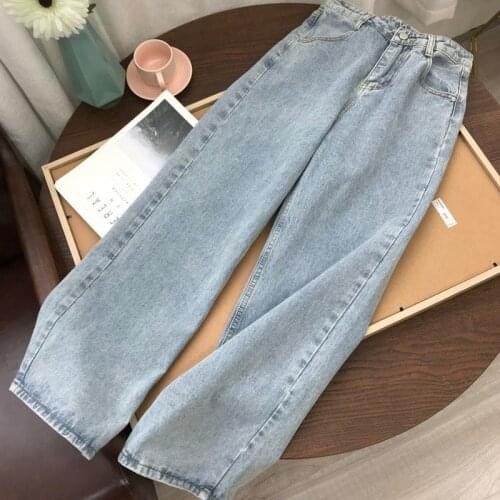 Light Blue Denim Trousers Vintage Wide Leg Pants Women Korean Straight Long Pants High Waist Casual Loose With Belt 2021Autumn