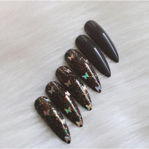 Black 24pcs Super long pointed oval false nails slim art salon nail crystal diamond full diamond nails