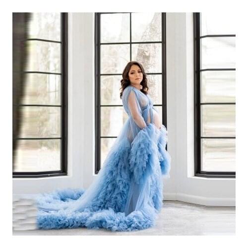 Elegant Soft Tulle Pregnancy Dresses Long Sleeves Extra Puffy With Train Sexy Sheer See Through Long Maternity Gowns Plus Size