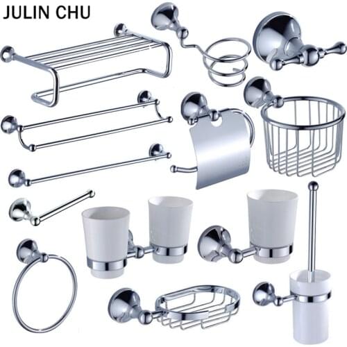 Chrome Bathroom Hardware Sets Brass Toilet Brush Holder WC Roll Paper Towel Shelf Shower Soap Dish Wall Hooks Hairdryer Holders