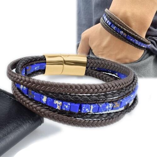 Emperor Stone Stone Square Beads Men Bracelet Multilayer Leather Bracelet Punk Jewelry Stainless Steel Magnetic Clasp Bangles