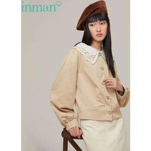 INMAN Autumn Winter Womens Coat Retro Pastoral Hollow Lace Lapel Sweet Kawaii Loose Buttons Khaki Short Females Top