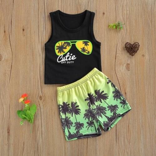 2Pcs Little Boy’s Vest+Shorts Suit Kids Toddler Fresh Letter Sunglasses Printed Sleeveless Tops+Coconut Tree Short Pants Sets