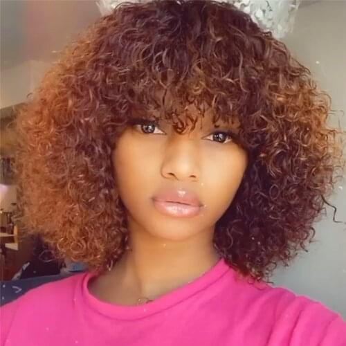 Jerry Curly Human Hair Wigs with Bangs Full Machine Made Wigs Highlight Honey Blonde Colored Wigs For Women Peruvian Remy Hair