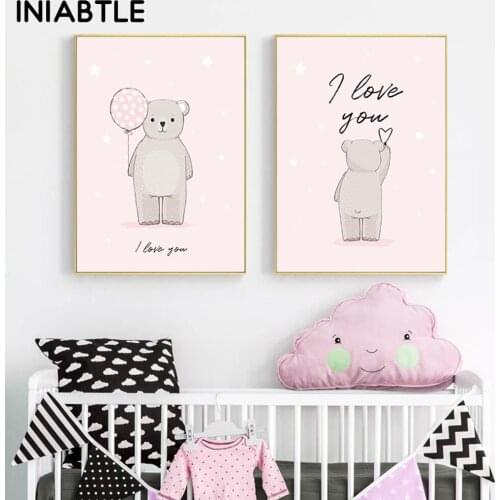 Sweet Bear Baby Nursery Wall Art Pink Love Balloon Canvas Poster Print Children Painting Pictuire Nordic Kids Girl Room Decor