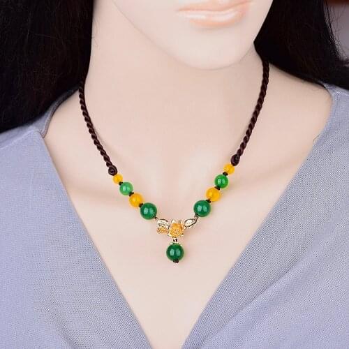 Natural Green Crystal Necklace Clavicle Chain All-matching Handmade Ethnic Color Retaining Copper Short-style Jewelry For Women