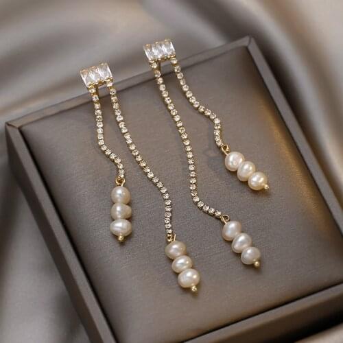 Origin Summer Simple Full Shiny CZ Rhinestone Long Tassel Earrings for Women Girls Freshwater Pearl Earrings Dainty Jewelry