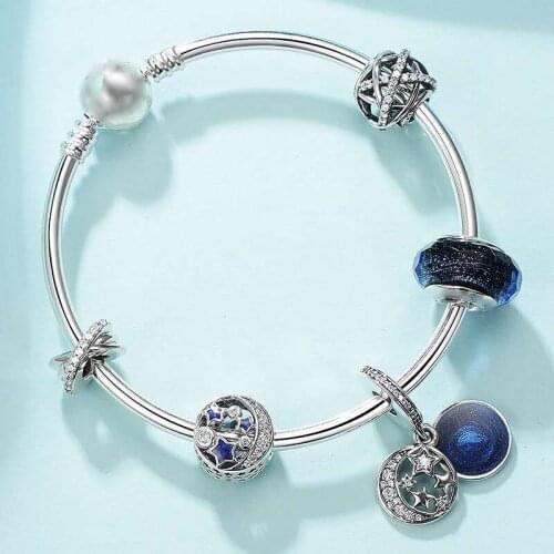 Genuine 925 Sterling Silver Star Pendant With Round Classic Clasp Bracelet Fit Original Pan Charm Female Diy Jewelry