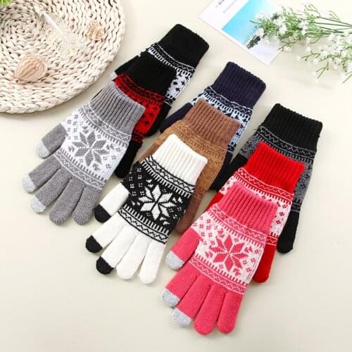 Christmas Snowflake Printing Gloves Mobile Phone Touch Screen Knitted Gloves Winter Thick & Warm Adult Gloves Men Women