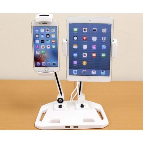 Dual Arm 360 Full Rotation Foldable Aluminum Alloy 4.7-12.2 inch Tablet PC Holder+Smartphone Holder Stand with 2USB Port Charger