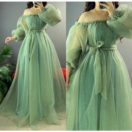 Vintage A-Line Long Sleeve Green Prom Dresses with Belt Zipper Back Robe De Soiree Floor Length Formal Party Dresses for Women