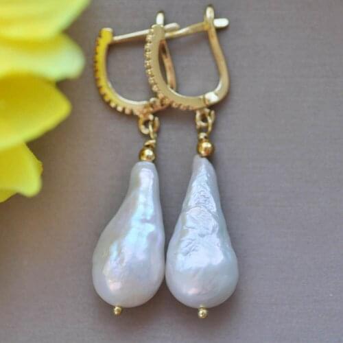 MTC·STAR Z10320 22mm White Drop Baroque Keshi Reborn Pearl CZ Dangle Earring