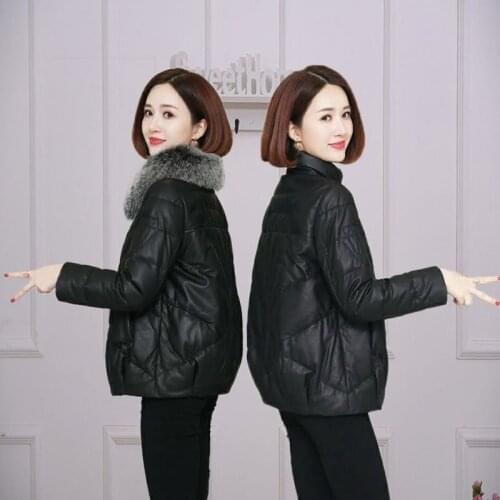 Women Thick Warm Faux PU Leather Coat 2021 Winter Cotton Padded Fake Fox Collar Jacket Parka Long Sleeve Outerwear Tops X64