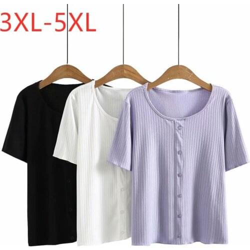 New 2021 Ladies Summer Plus Size Knit Tops For Women Large Short Sleeve Slim Elastic White O-neck T-shirt 3XL 4XL 5XL