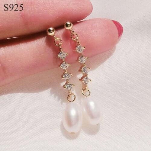 Natural Freshwater Pearls Genuine Real Pure 925 Sterling Silver Long Dangle Drop Earrings for Women Jewelry CZ Female Earrings