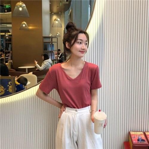 Woman TShirts Summer V-neck Short-Sleeved T-shirt Womens Loose Top Crop Top Mujer Camisetas