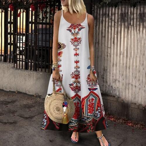 Women Summer Sundress Bohemian O Neck Vintage Printed Sleeveless Beach Party Long Dress Boho Casual Loose Maxi Vestido