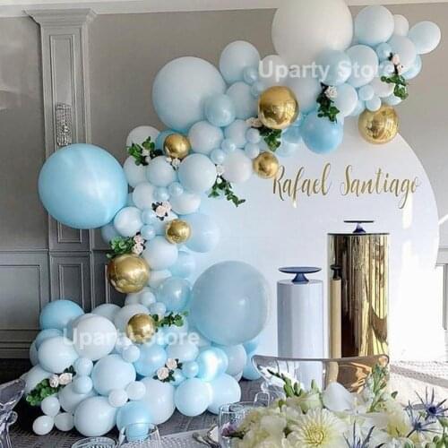 128Pcs Pearlly Blue Balloons Arch Macaron White Blue Balloon Garland Kitd Gold 4D Helium Globos for Birthday Baby Shower Decor