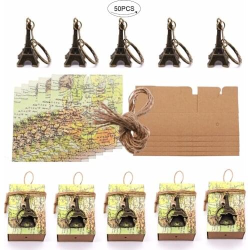 50pcs/lot Wedding Map Candy Box+Paris Eiffel Tower Keychain Vintage Design for Guests Wedding Party Favors Box Candy Gift Box
