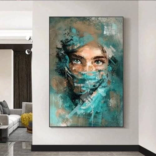 Abstract Woman Portrait with Green Veil Watercolour Canvas Painting Poster and Prints Wall Art Picture for Living Room Decor