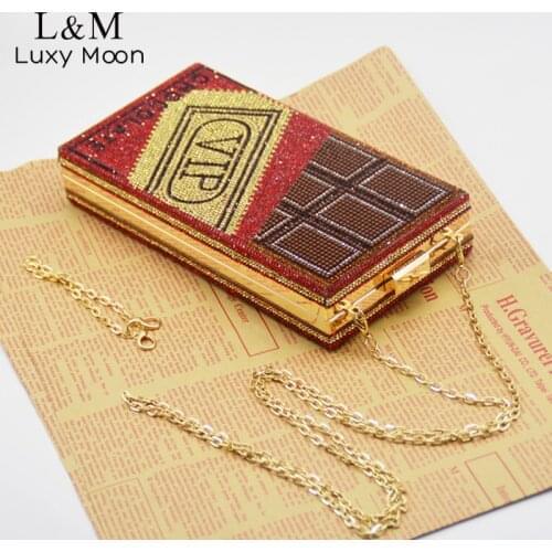 Shiny Red Diamonds Money Evening Clutch Bags Chocolate Design Shoulder Bag Purse For Women Small Square Dollar Chain Bag XA13H