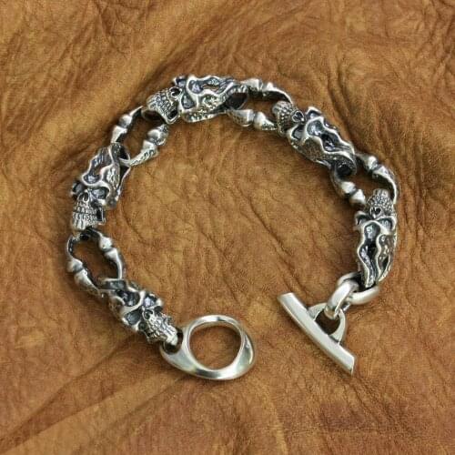 925 Sterling Silver Huge Skulls Chain Mens Biker Rock Punk Bracelet TA263