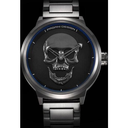 Punk 3D Skull Personality Retro Fashion Mens Watch Waterproof 30m Steel Stainless Quartz Watch PAGANI DESIGN Relogio Masculino