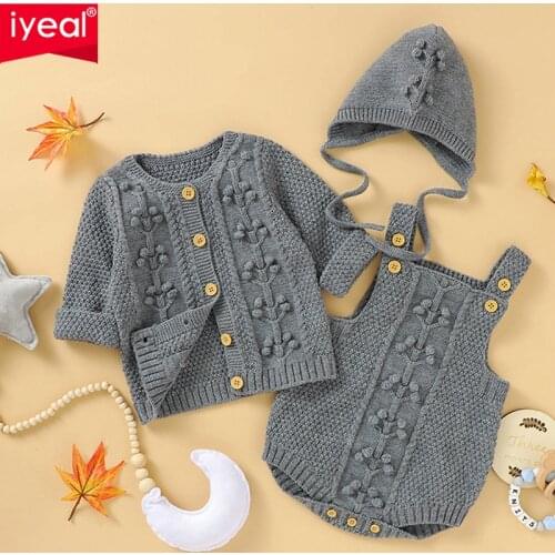 IYEAL Baby Sweater Outfits Knitted Tops + Overalls + Hat 3PCS/Set Newborn Boys Girls Jumpsuits Infant Clothing 0-24M