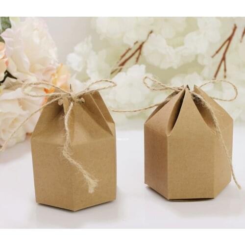 50pcs Kraft Paper Box Cardboard Lantern Hexagon Candy Box With Hemp Rope DIY Favor And Gifts Christmas Party Wedding Decoration