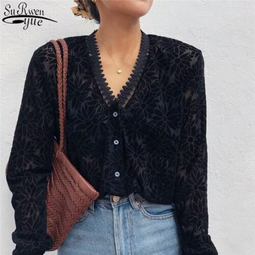 Korean Chic Early Autumn See Through Long Sleeve Lace Womens Shirts Black Sexy V-neck Lace Stitching Shirt Blusas Mujer 11358