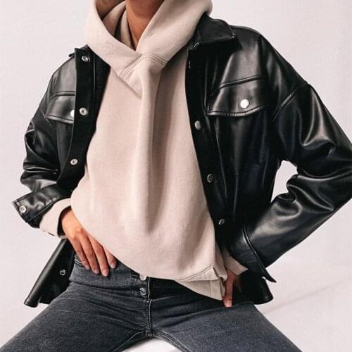 Retro Woman Black Faux Leather Jackets Autumn Winter Turn down Collar Buttons Long Sleeve Coats Lady PU Outerwear with Pocket