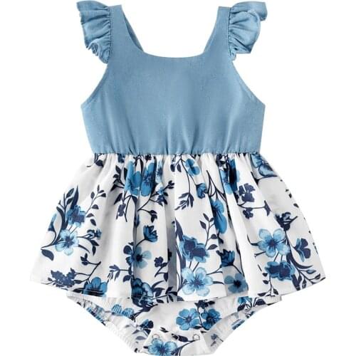 Citgeett Summer Family Matching Dress Blue Floral Print Skirt Sundress Short-Sleeves Shirt Parent-Child Suit