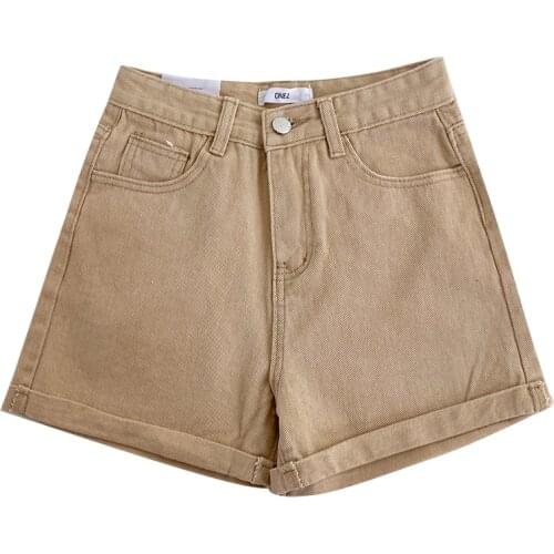 Summer curly edge washed khaki retro high waist slim fit denim shorts
