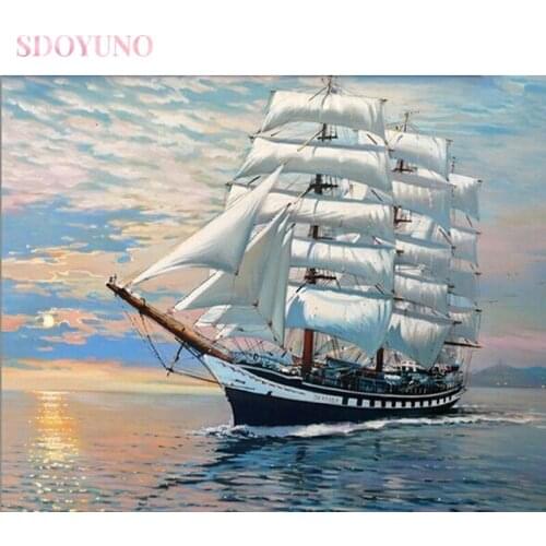 SDOYUNO DIY painting by number kit with frame for adult sailboat seascape acrylic paint set pictures by numbers art HandPainted