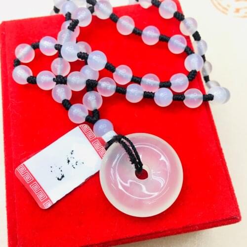 Natural Brazilian Ice Jade Jade Carved White Donut Pendant with Chalcedony Bead Necklace Mens Womens Sweater Chain