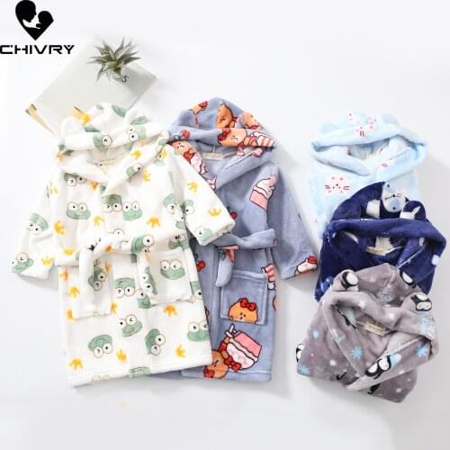 New 2021 Autumn Winter Baby Hooded Bathrobe Kids Bath Robe Boys Girls Warm Soft Flannel Pajamas Kids Cartoon Print Towel Robe