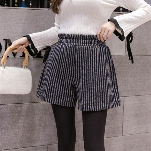 New fashion Autumn Winter Street style Woollen cloth Womens Casual Shorts high-Waist striped Wide Leg Shorts Female