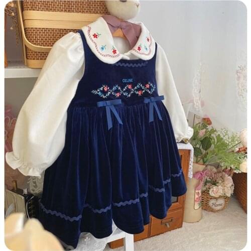 Baby Girl Autumn Winter Navy blue Small Flower Embroidery Princess Dress for Casual Party Vintage England Spanish Turkish