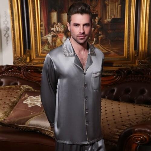 Sexy Genuine Silk Mens Pajamas 100% Silkworm Silk Sleepwear Male High Quality Long-Sleeve Pyjama Pants Two-Piece Sets 15076