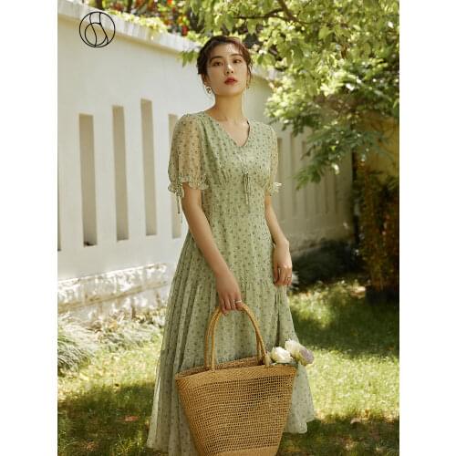 DUSHU Office Lady Green French V-neck Round Neck Dress Female Summer 2021 New Cake Short-sleeved Women Dress
