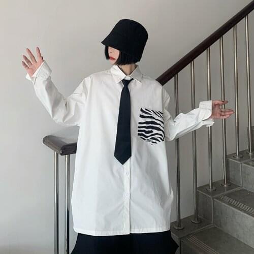 Harajuku style dark stitching pocket loose long-sleeved shirt with tie 2020 autumn fashion streetwear