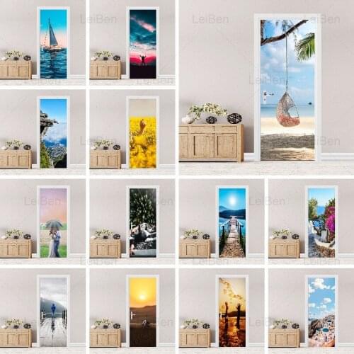 Diy Door Sticker Self Sunshine Seascape Ship Adhesive Decal Home Decor Paper for Living Room Pvc Waterproof 3D Print Photo Art