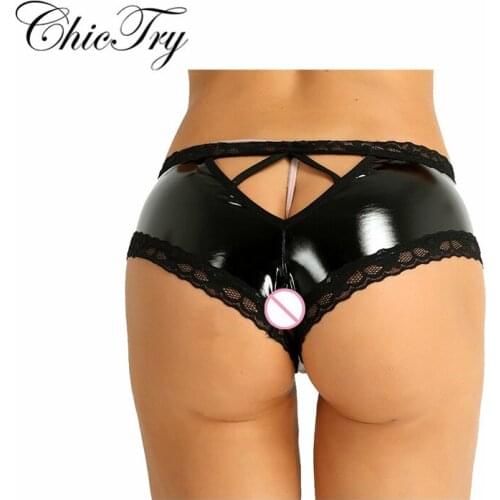 Sexy Fashion Women Triangle Panties Lingerie Panties Sexy Patent Leather Lace Hole Briefs Ladies Underwear Nightwear Underpants