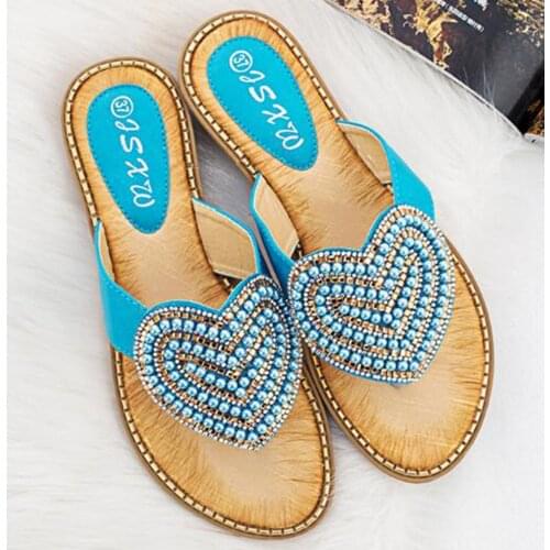 Women Beach Slippers Rhinestone Love heart Flip Flops Home Outside Slipper Women Flat Sandals Slip On Slides Non-Slip Shoe xx4